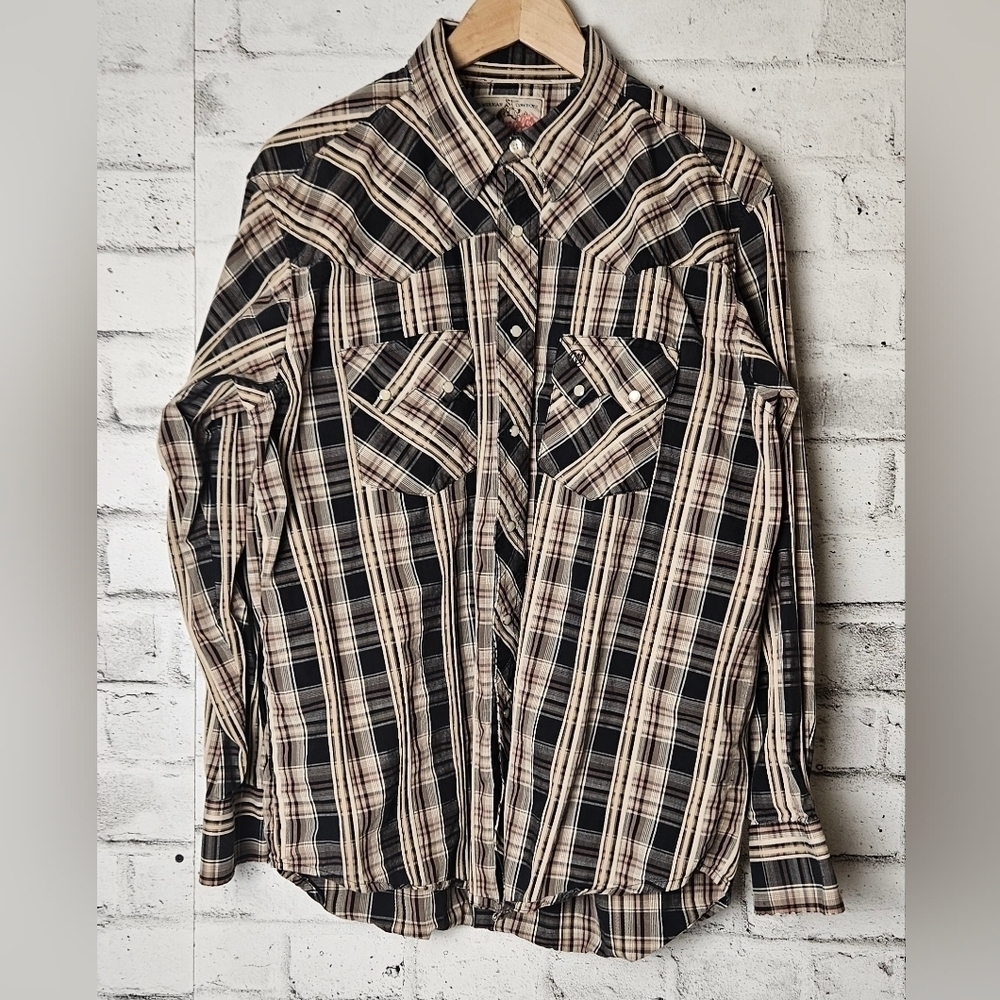 Vintage Wrangler Plaid Pearl Snap Cowboy Shirt Western Rodeo Long Sleeve